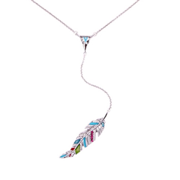 Silvertone Multi Colored Feather Necklace - Picture 2 of 2